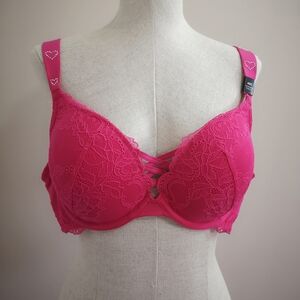 Torrid XO Plunge Push-up Underwire Bra - 40C Hot Pink With Rhinestone Hearts